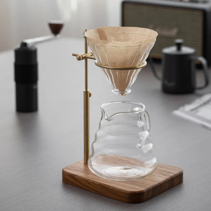 Adjustable Solid Wood & Brass Pour Over Coffee Stand – Hand Brewed Coffee Filter Holder for Home Baristas