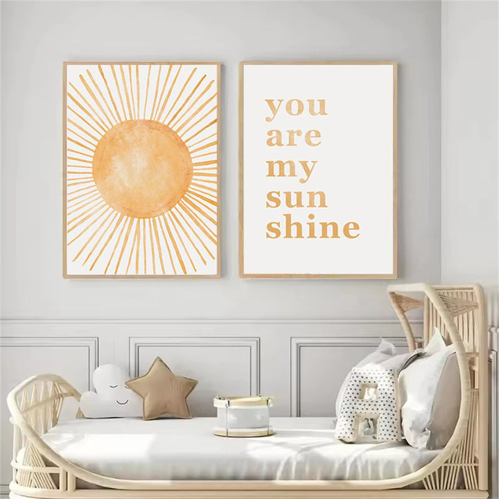 Boho Rainbow & Sun Canvas Wall Art – “You Are My Sunshine” Abstract Nursery Prints for Baby & Kids Room Decor
