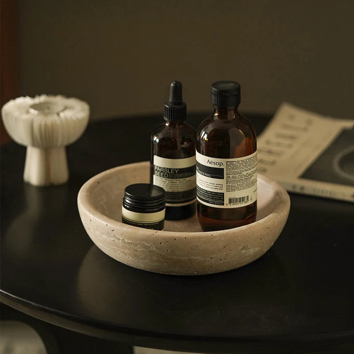 Beige Travertine Decorative Bowl – Handcrafted Stone Catchall Dish