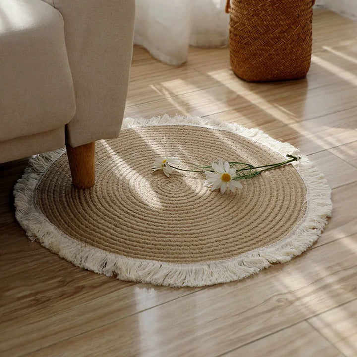 Round Woven Jute Rug with Tassels – Handmade Floor Mat