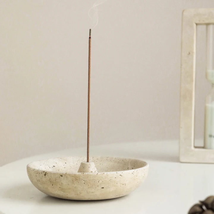 Vintage Travertine Incense Holder – Natural Stone Round Disc Burner & Ash Catcher | Antique-Style Marble Aromatherapy Plate