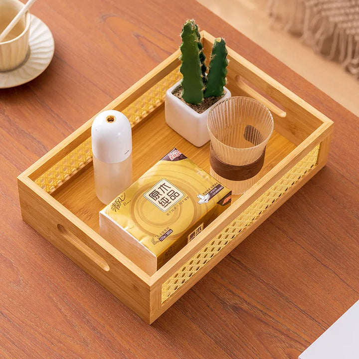 Bamboo Grid Storage Box with Acrylic Lid – Rectangular Organizer Tray for Cosmetics, Bedroom & Living Room