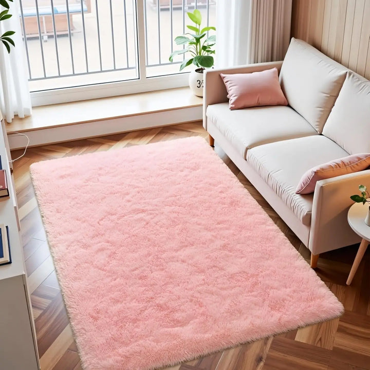 Pink Fluffy Plush Carpet – Large Kids Bedroom Area Rug