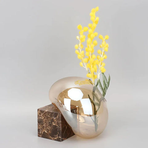 Brown Glass Vase with Marble Base – Modern Desk Flower Pot