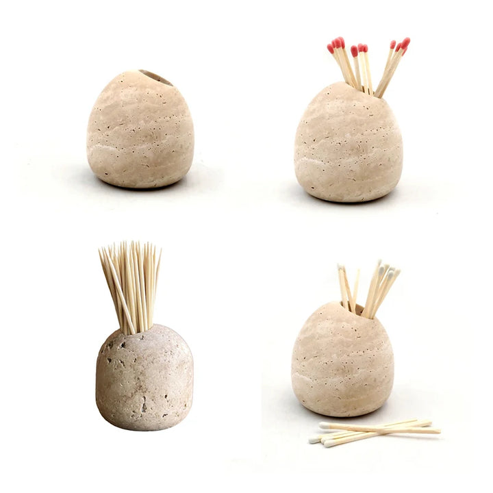 Travertine Matchstick & Toothpick Holder – Beige Stone Jar for Matches, Swabs & Home Decor Accent