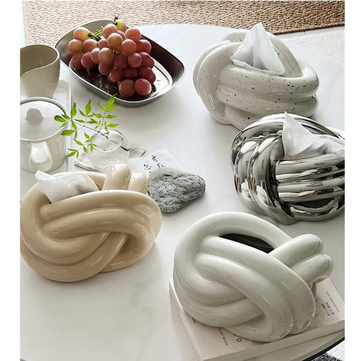 Ceramic Tissue Box with Wool Ball Accent – Modern Napkin Holder & Desk Storage Decoration