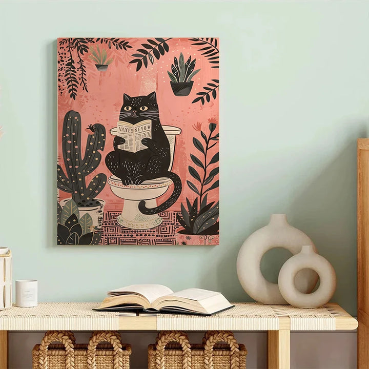 Póster divertido de gato negro leyendo en el inodoro, impresiones de animales para el baño, pintura en lienzo, arte de pared, imágenes para el inodoro, decoración del baño.