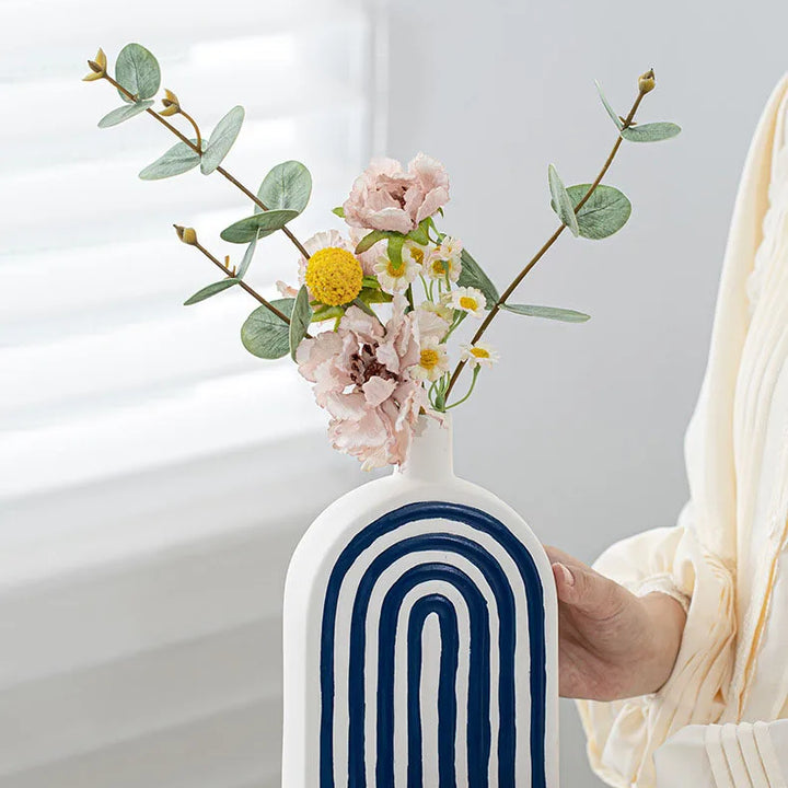 Blue and White Striped Ceramic Vase – Modern Decor