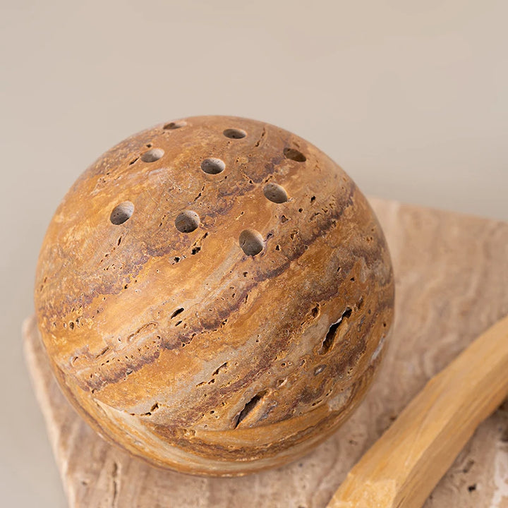Natural Travertine Marble Incense Burner – Wabi-Sabi Ball-Shaped Stone Holder for Home & Spiritual Decor