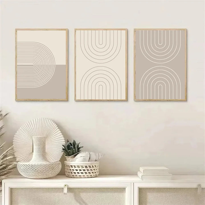 Modern Minimalist Beige Line Canvas Print – Abstract Boho Wall Art for Bedroom & Living Room | Unframed Three-Piece Poster Set
