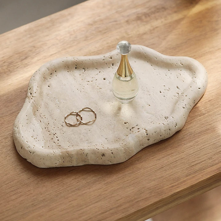 Natural Travertine Jewelry & Perfume Tray – Stone Aromatherapy Holder for Rings, Necklaces, Earrings & Home Decor | Elegant Storage Plate