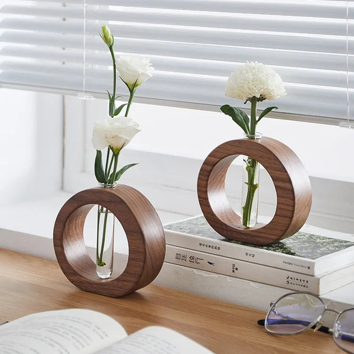 Transparent Hydroponic Glass Vase with Wooden Stand