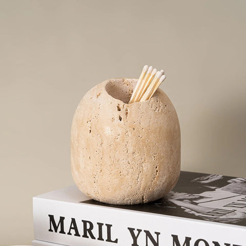 Beige Travertine Match Holder – Vintage Marble Jar Decor