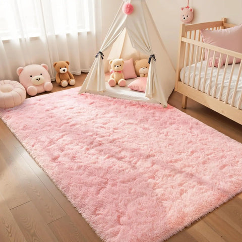 Pink Fluffy Plush Carpet – Large Kids Bedroom Area Rug