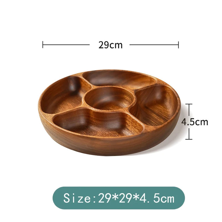 Acacia Wood Snack Plate – Solid Wood Multi-Compartment Tray for Dried Fruit, Nuts, Salad | Rustic Chinese Style Serving Bowl