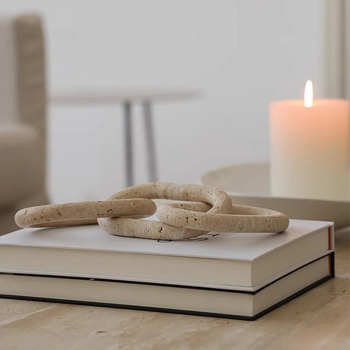 Rustic Travertine Chain Link Decor – Natural Stone Sculpture for Coffee Table, Bookshelf & Farmhouse Style | Modern Marble Accent