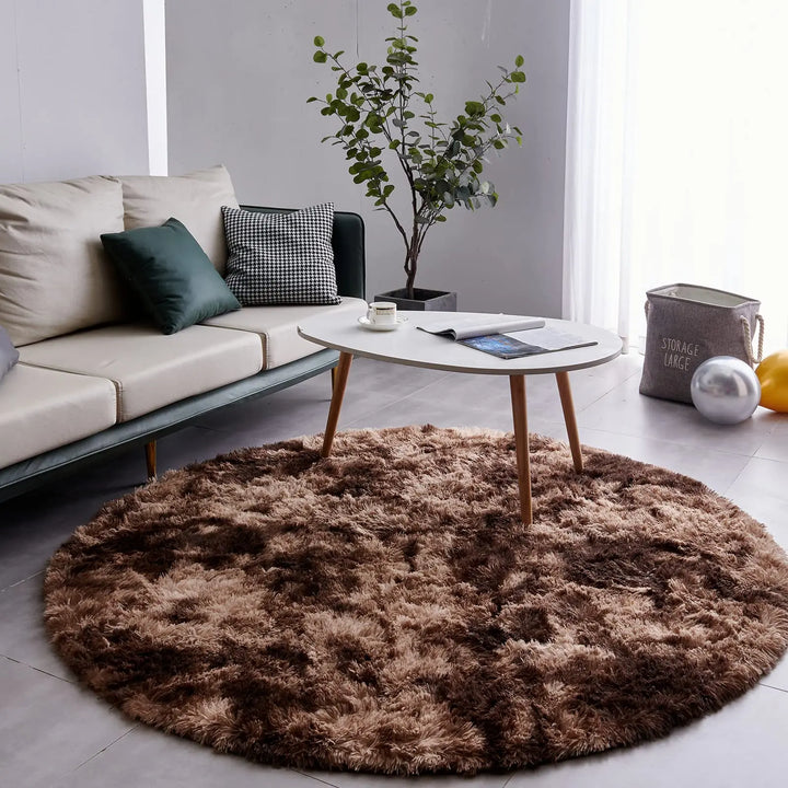Round Plush Carpet – Gray Fluffy Area Rug for Living Room