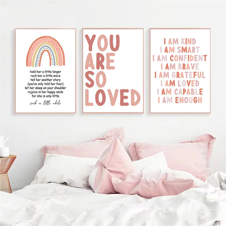 Pink Rainbow Quote Canvas Print – Cartoon Nursery Wall Art for Baby Girls | Unframed Nordic Poster Set for Kids Room Decor