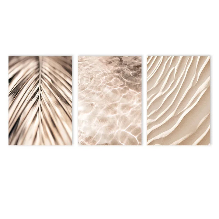 Nordic Beige Palm Leaf Canvas – Modern Wall Art Trio