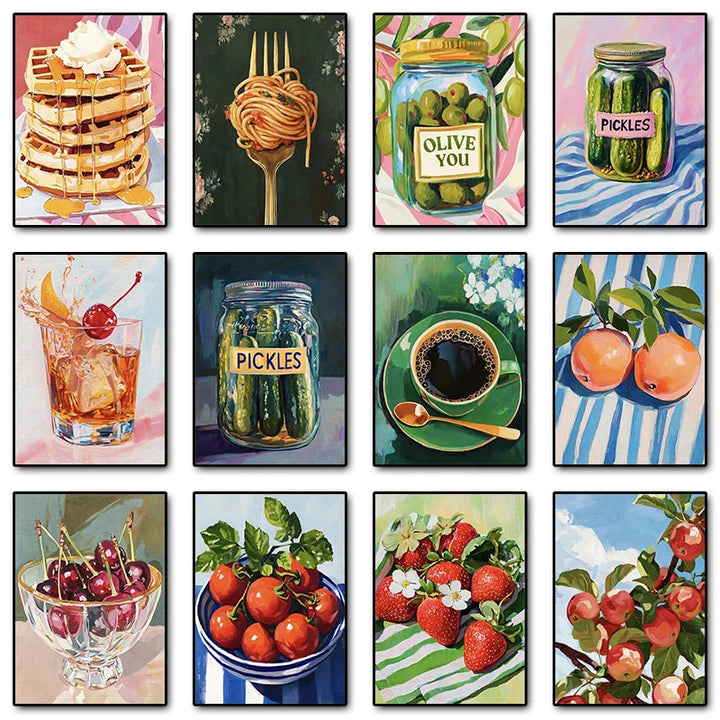 Retro Kitchen Canvas Wall Art – Citrus, Pasta & Pickles Jar Food Poster Print | Vintage Still Life Home Decoration