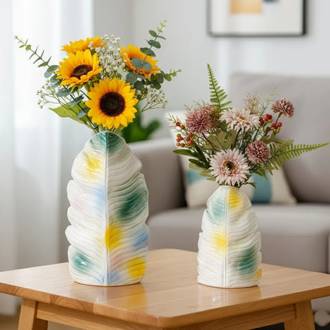 Modern Banana Leaf Ceramic Vase – Colorful Abstract Glazed Decor