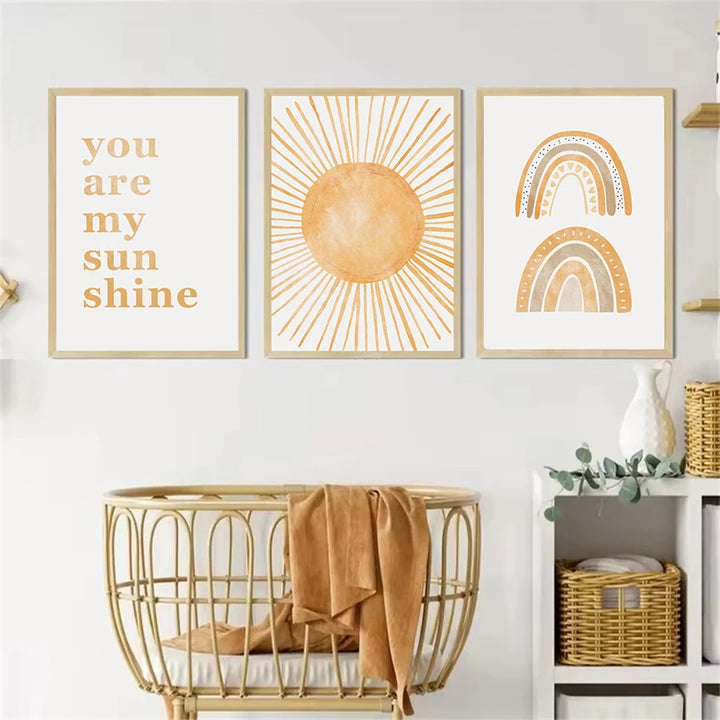 Boho Rainbow & Sun Canvas Wall Art – “You Are My Sunshine” Abstract Nursery Prints for Baby & Kids Room Decor