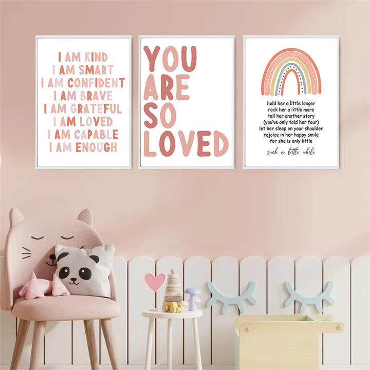 Pink Rainbow Quote Canvas Print – Cartoon Nursery Wall Art for Baby Girls | Unframed Nordic Poster Set for Kids Room Decor