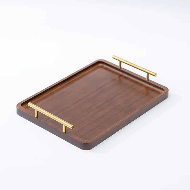 Bamboo Tea Serving Tray with Metal Handle – Right-Angled Wooden Breakfast Tray for Snacks, Drinks, Hotel & Home Use
