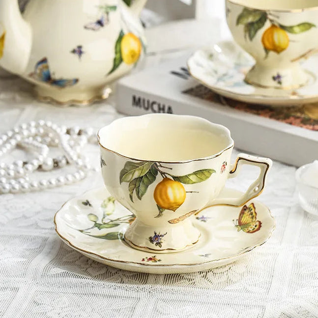 Vintage Lemon Porcelain Coffee Mug with Tray