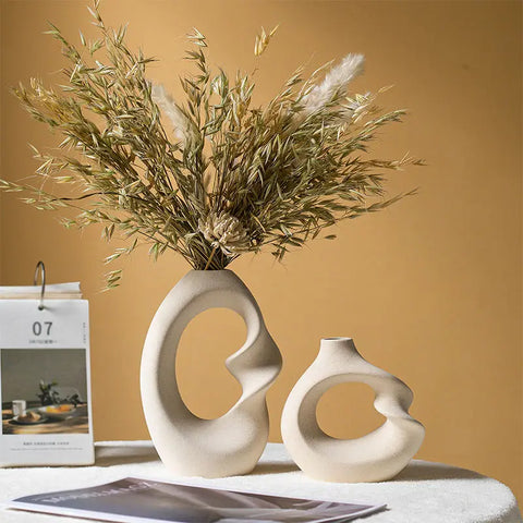 Matte Ceramic Vase Set of 2 – Nordic Pampas Grass Home Décor