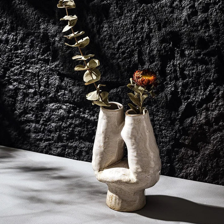 Double Mouth H Ceramic Vase – Nordic Wabi-Sabi Home Decor