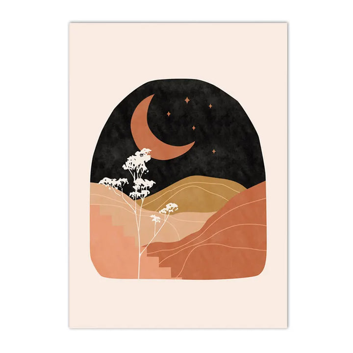 Terracotta & Mustard Sun Canvas Print – Abstract Boho Geometry and Leaf Art Mid-Century Wall Decor