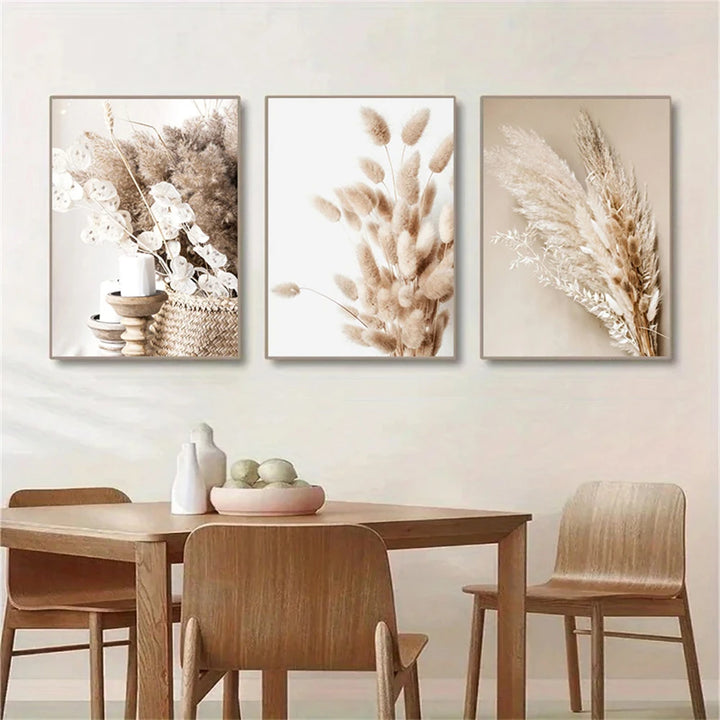 Lienzo decorativo de hierba de la pampa beige: impresiones nórdicas botánicas bohemias para decoración moderna de sala de estar o dormitorio (juego de 3)
