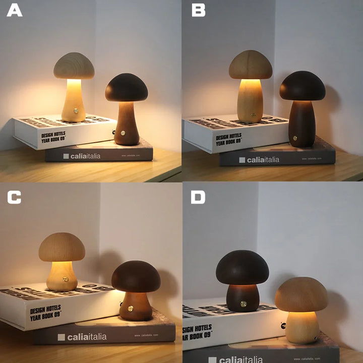 Cute Wooden Mushroom Night Light – Touch Bedside Lamp
