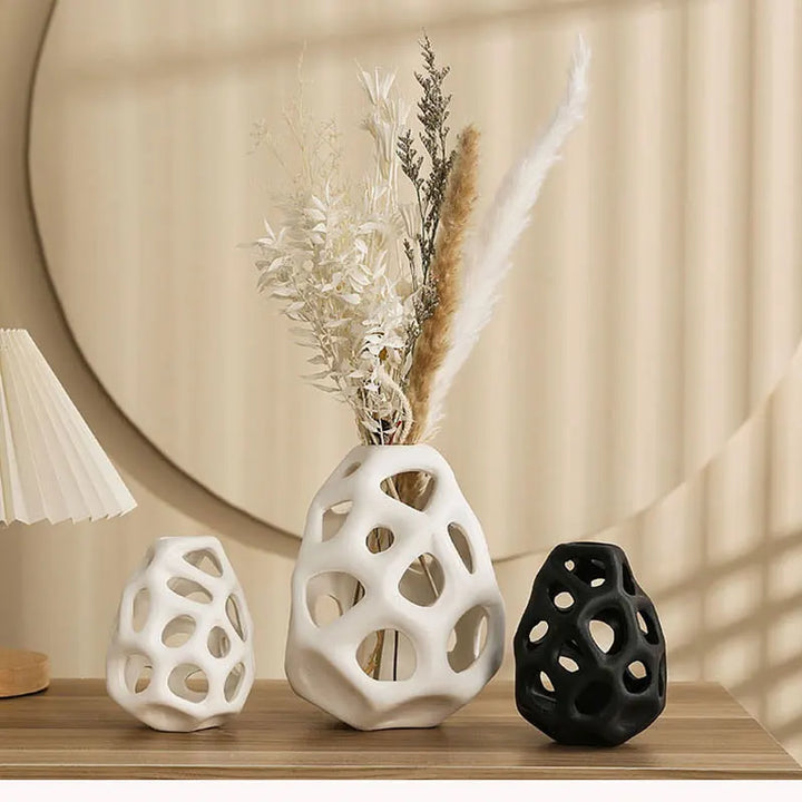 Hollow Ceramic Vase – Nordic White & Black Home Decor