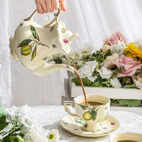 Vintage Lemon Porcelain Coffee Mug with Tray