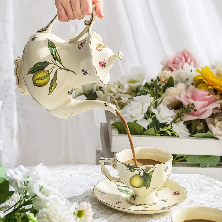 Vintage Lemon Porcelain Coffee Mug with Tray