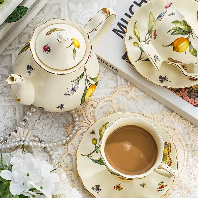 Vintage Lemon Porcelain Coffee Mug with Tray