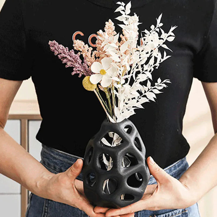 Hollow Ceramic Vase – Nordic White & Black Home Decor