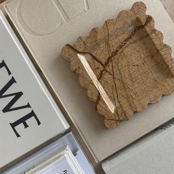 Natural Travertine Marble Tray – Scalloped Luxury Jewelry & Display Plate | Square Stone Organizer for Home & Vanity Decor