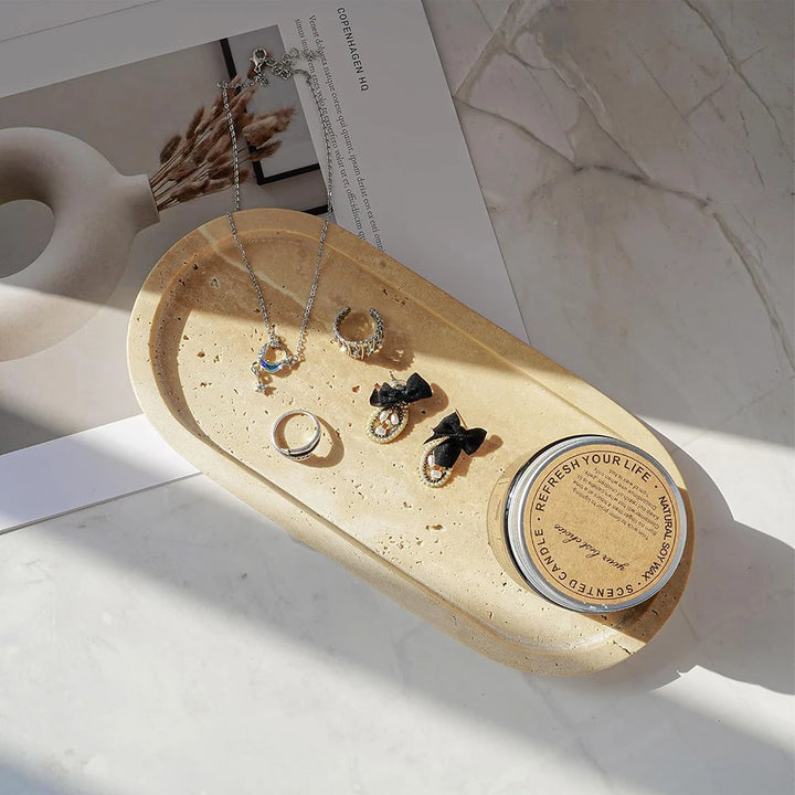 Natural Travertine Marble Tray – Elegant Stone Organizer for Bathroom, Vanity, Jewelry, Perfume & Decor | Handmade Luxury Gift