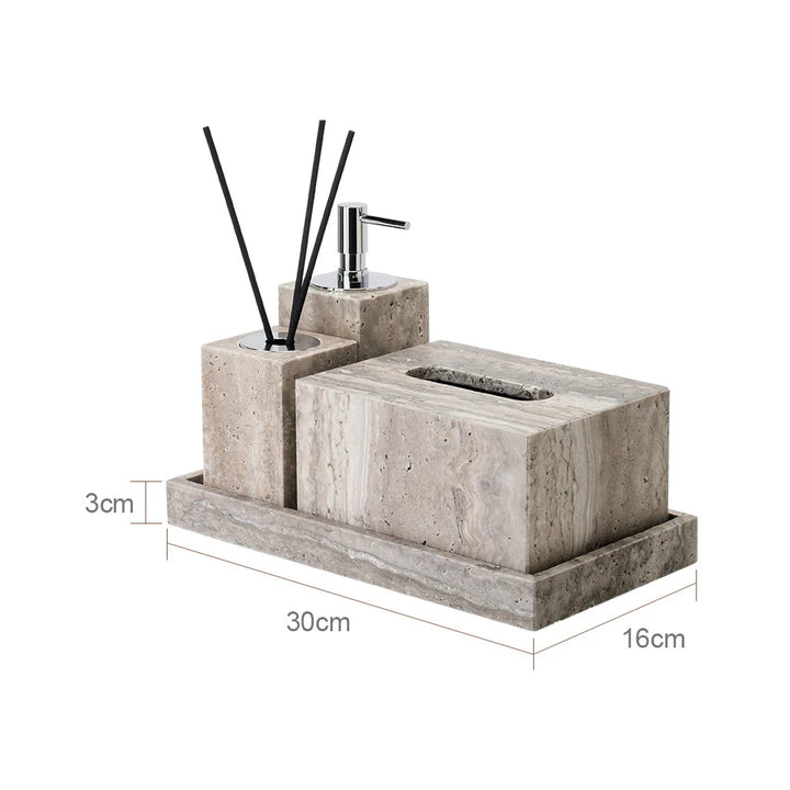 Travertine Bathroom Set – Natural Marble Soap Dispenser & Tray