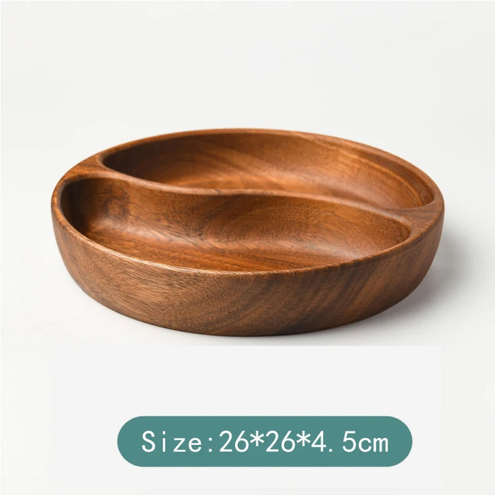 Acacia Wood Snack Plate – Solid Wood Multi-Compartment Tray for Dried Fruit, Nuts, Salad | Rustic Chinese Style Serving Bowl