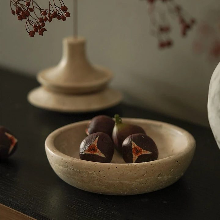 Beige Travertine Decorative Bowl – Handcrafted Stone Catchall Dish