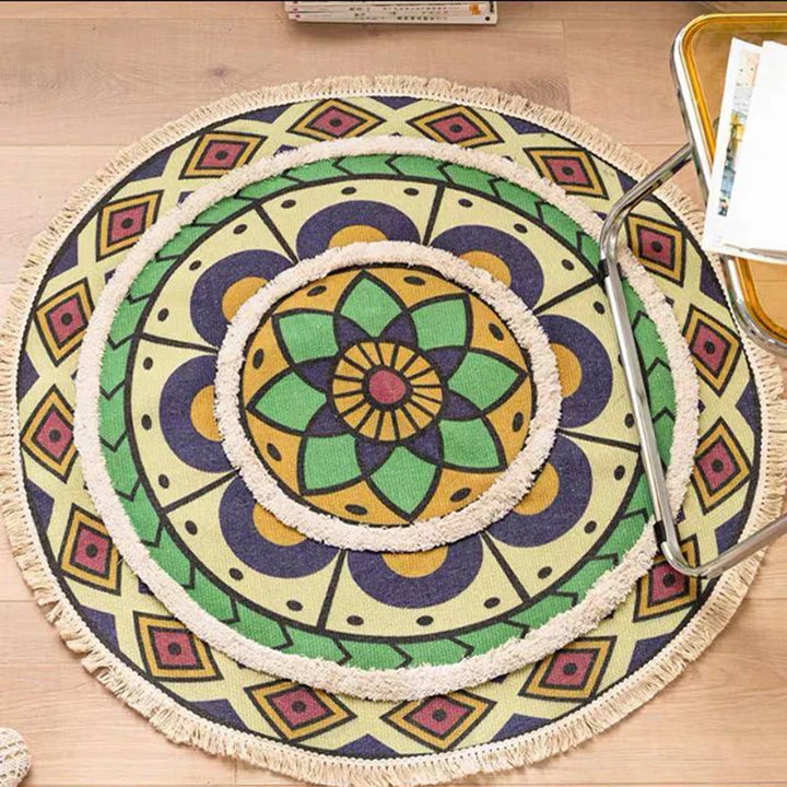 Moroccan Cotton Linen Round Rug – Geometric Floor Decor