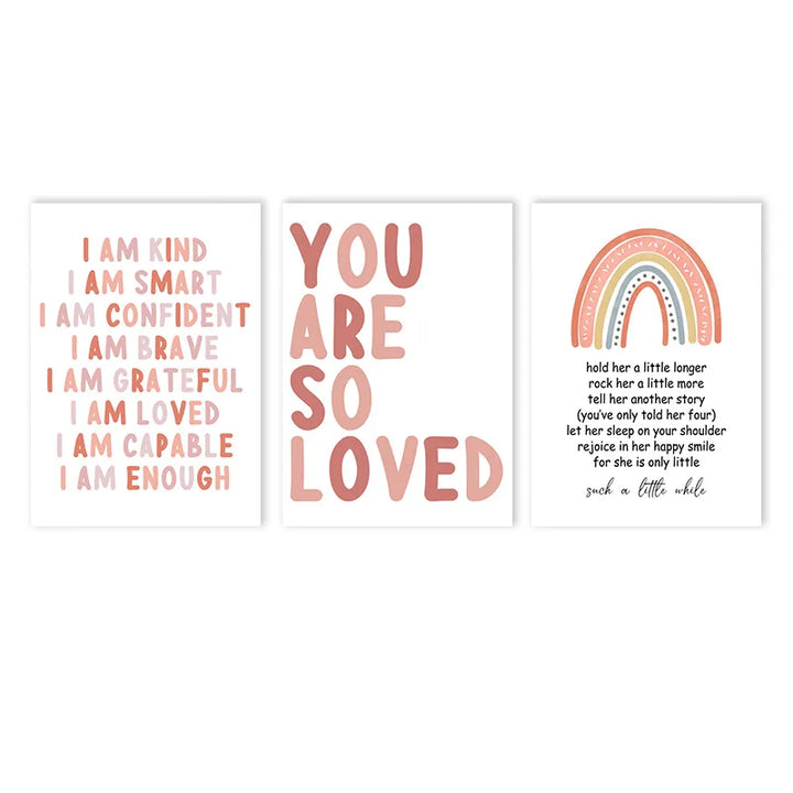 Pink Rainbow Quote Canvas Print – Cartoon Nursery Wall Art for Baby Girls | Unframed Nordic Poster Set for Kids Room Decor
