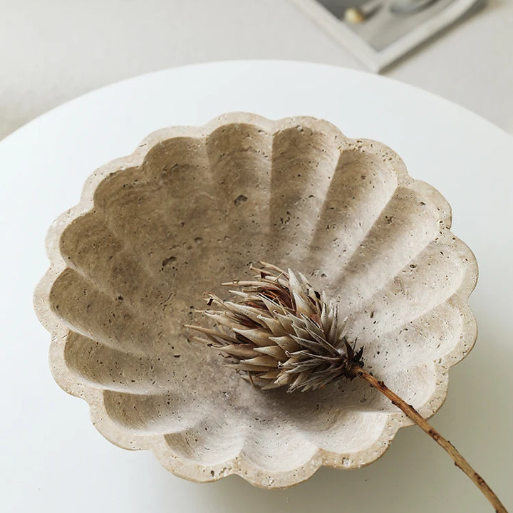 Large Travertine Ruffle Bowl – Marble Serving Tray for Home Decor