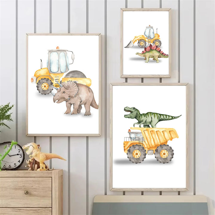 Whimsical Dinosaur Truck & Excavator Canvas Art for Kids Nursery & Boys Room Decor – Nordic Cartoon Wall Print