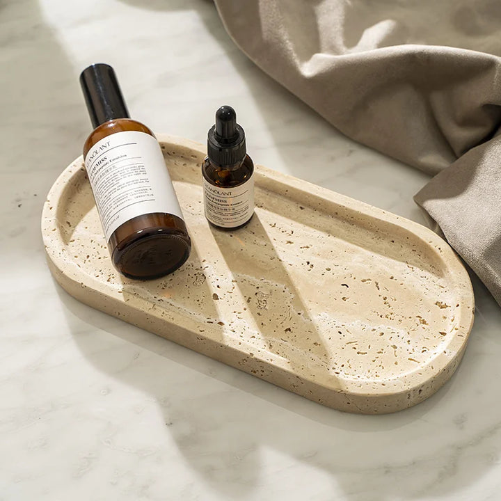 Travertine Stone Vanity Tray – Luxury Marble Organizer for Bathroom, Kitchen, Jewelry & Perfume Display