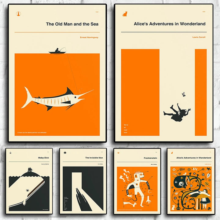Minimalist Classic Book Cover Poster – Moby-Dick & Alice in Wonderland Canvas Wall Art | Literary Home Decor Print
